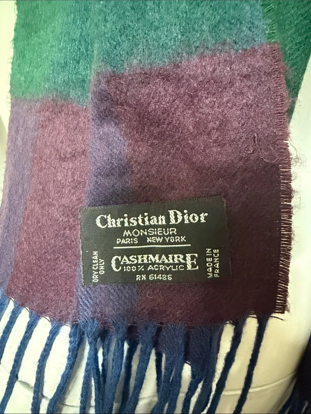 Christian Dior Plaid Fringe Scarf in Green, Blue & Purple Made in France